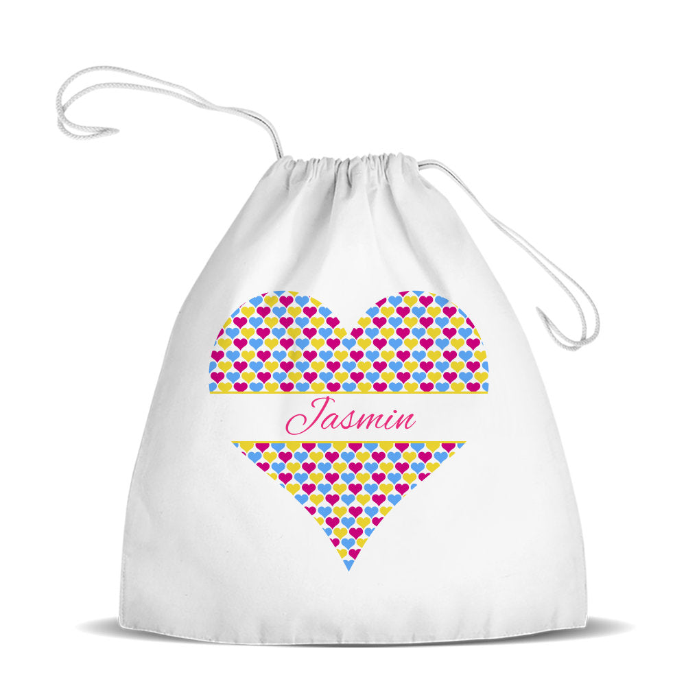 Heart White Drawstring Bag